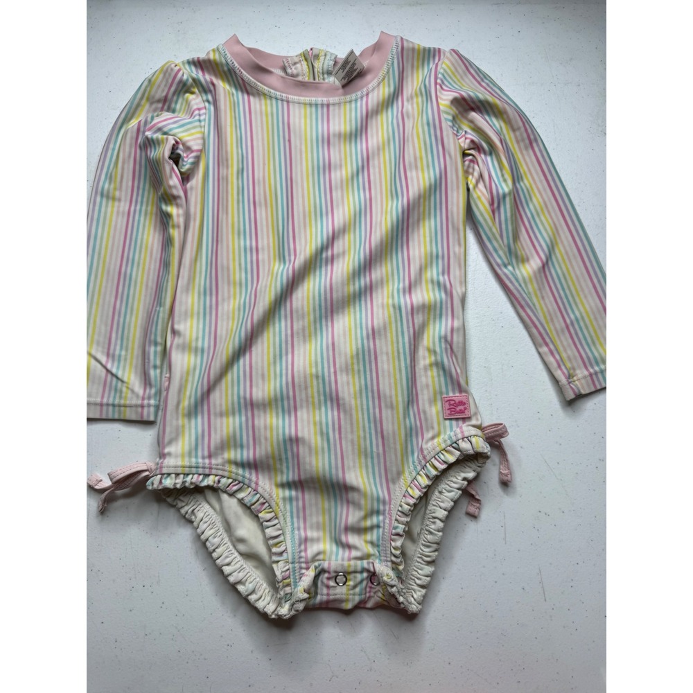 RuffleButts Girls‎ 3T Pastel Rainbow Stripe Long Sleeve Rash Guard Swimsuit Ruff